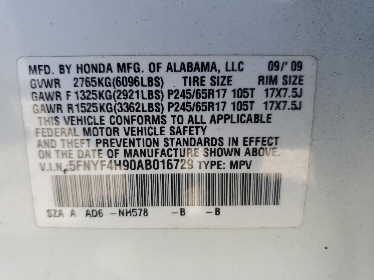 5FNYF4H90AB016729 2010 Honda Pilot Touring