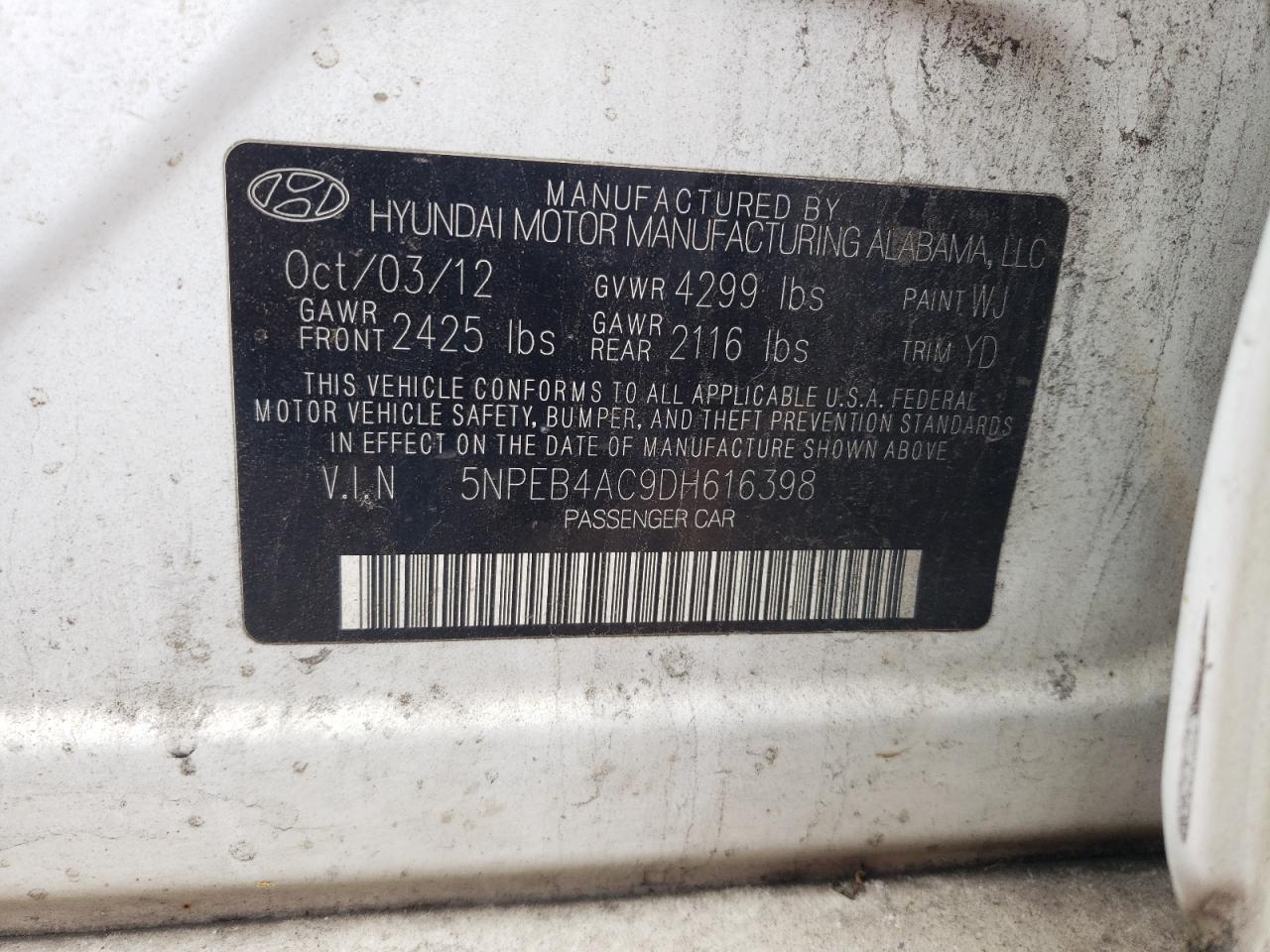 5NPEB4AC9DH616398 2013 Hyundai Sonata Gls