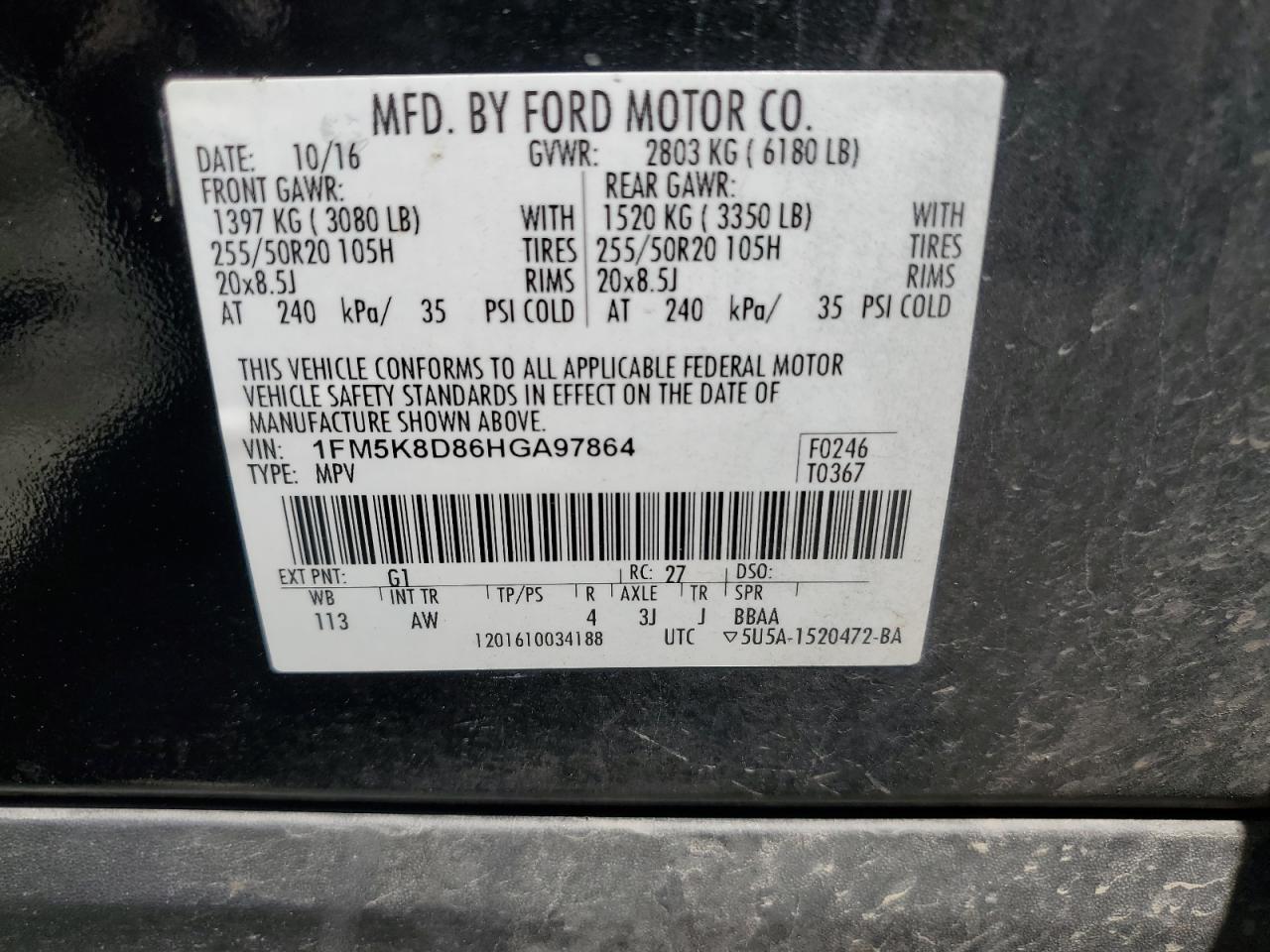 1FM5K8D86HGA97864 2017 Ford Explorer Xlt