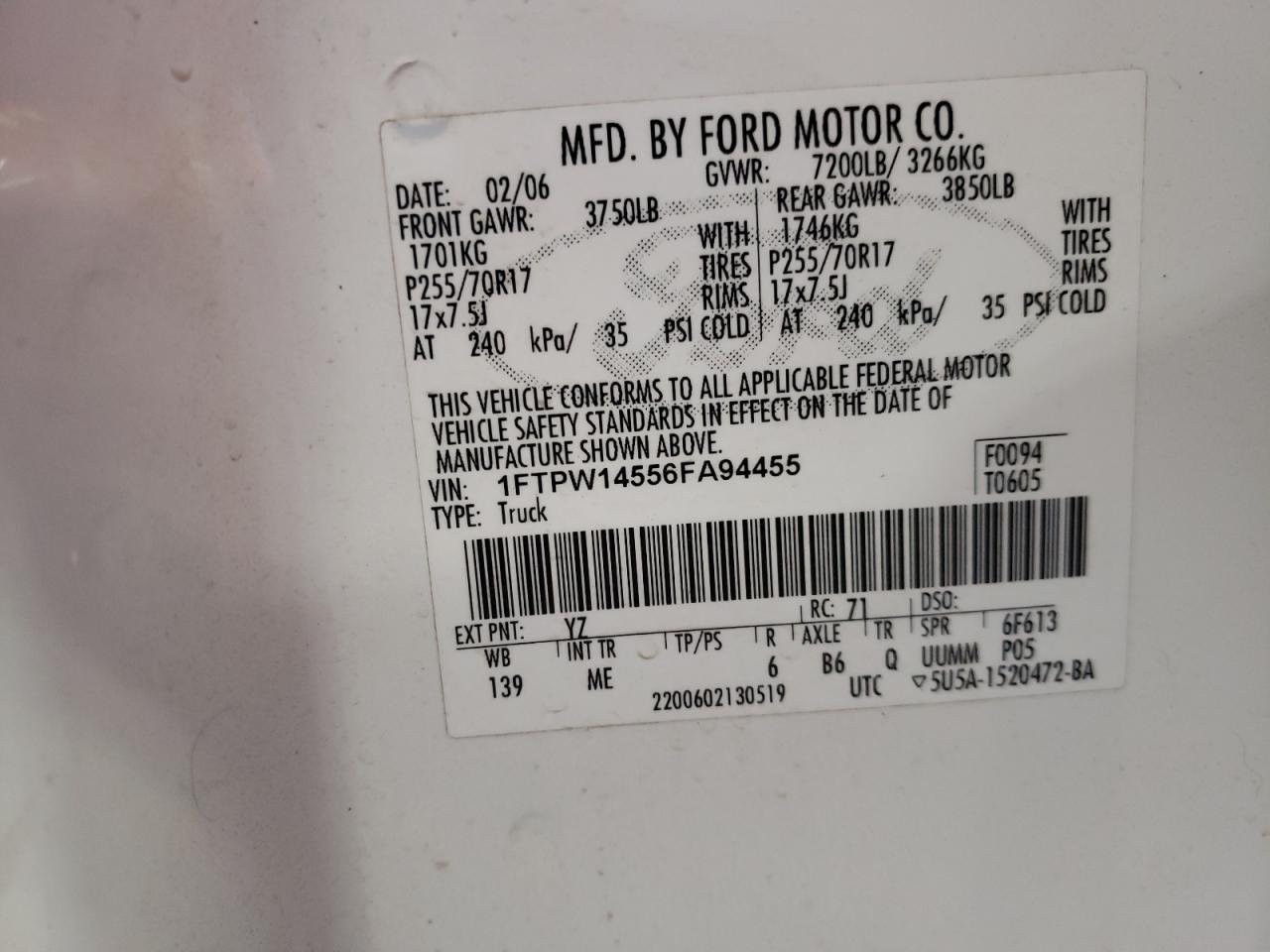 1FTPW14556FA94455 2006 Ford F150 Supercrew