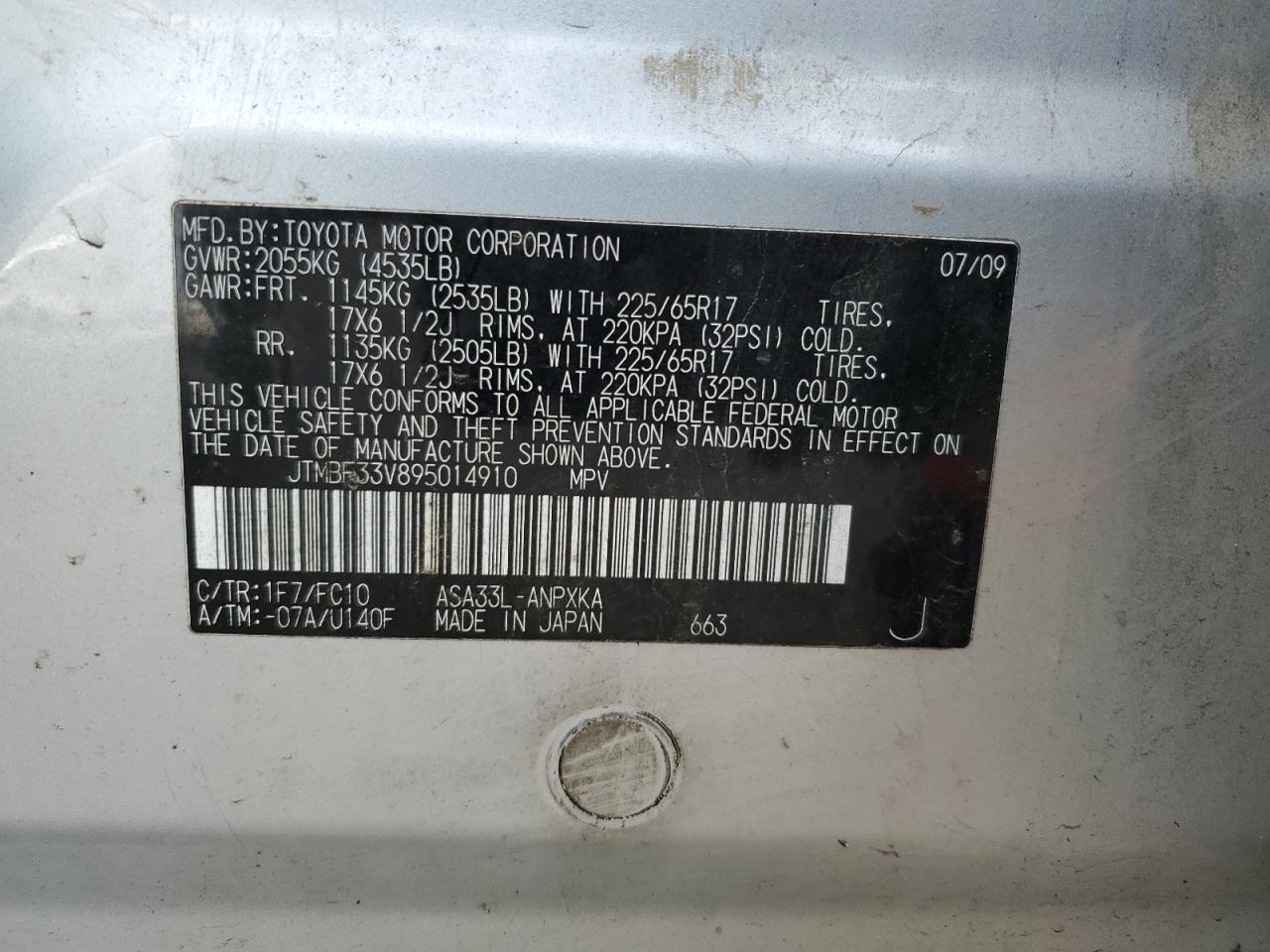 JTMBF33V895014910 2009 Toyota Rav4