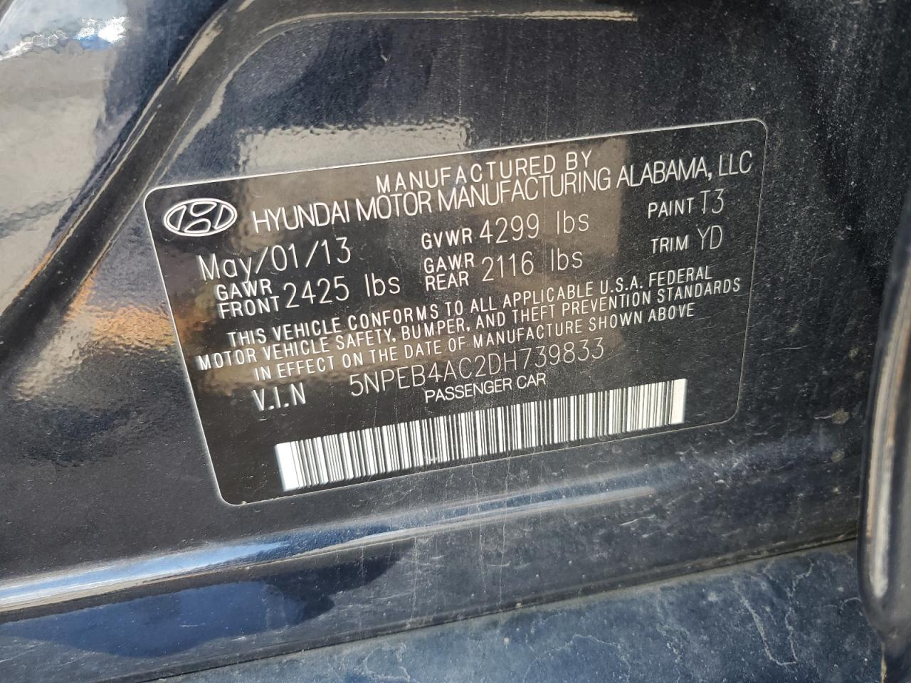 5NPEB4AC2DH739833 2013 Hyundai Sonata Gls