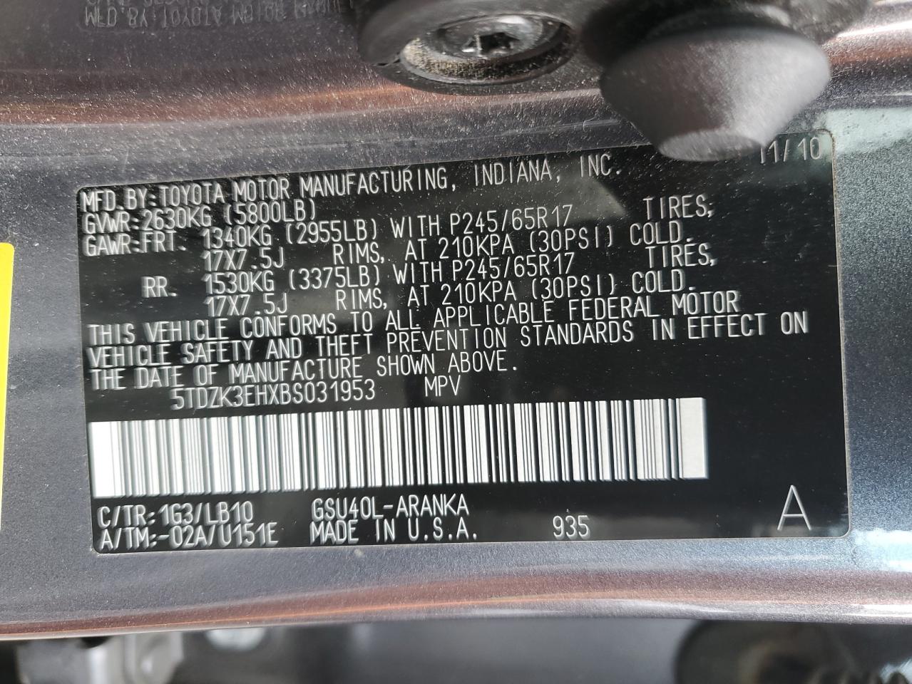 5TDZK3EHXBS031953 2011 Toyota Highlander Base