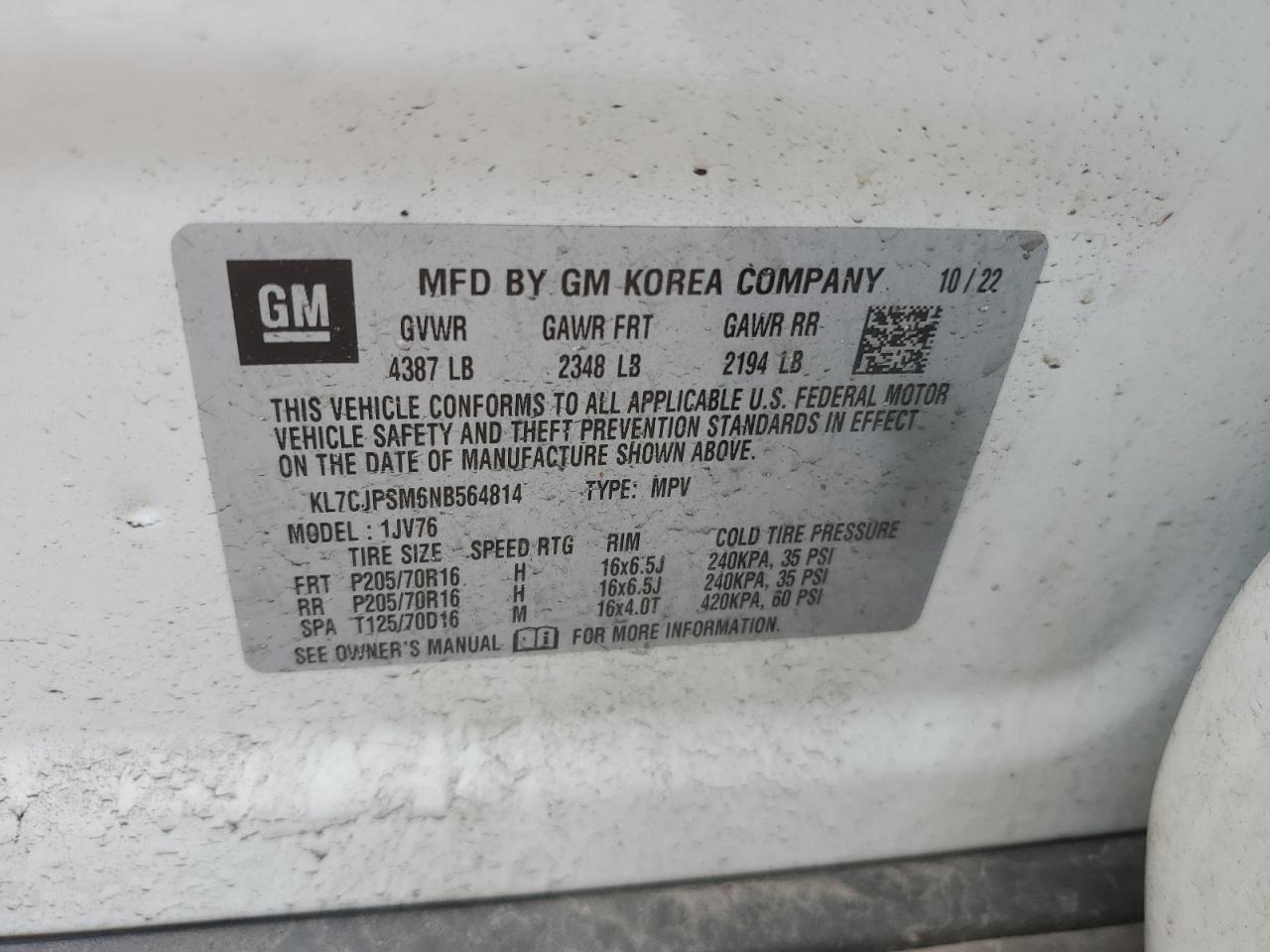 KL7CJPSM6NB564814 2022 Chevrolet Trax 1Lt