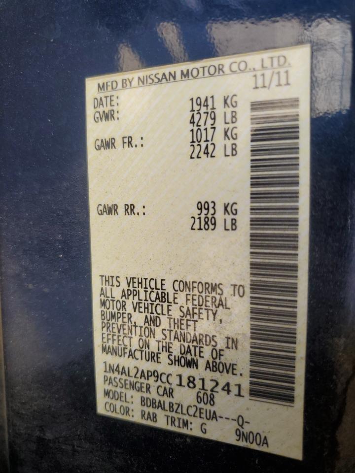 2012 Nissan Altima Base vin: 1N4AL2AP9CC181241