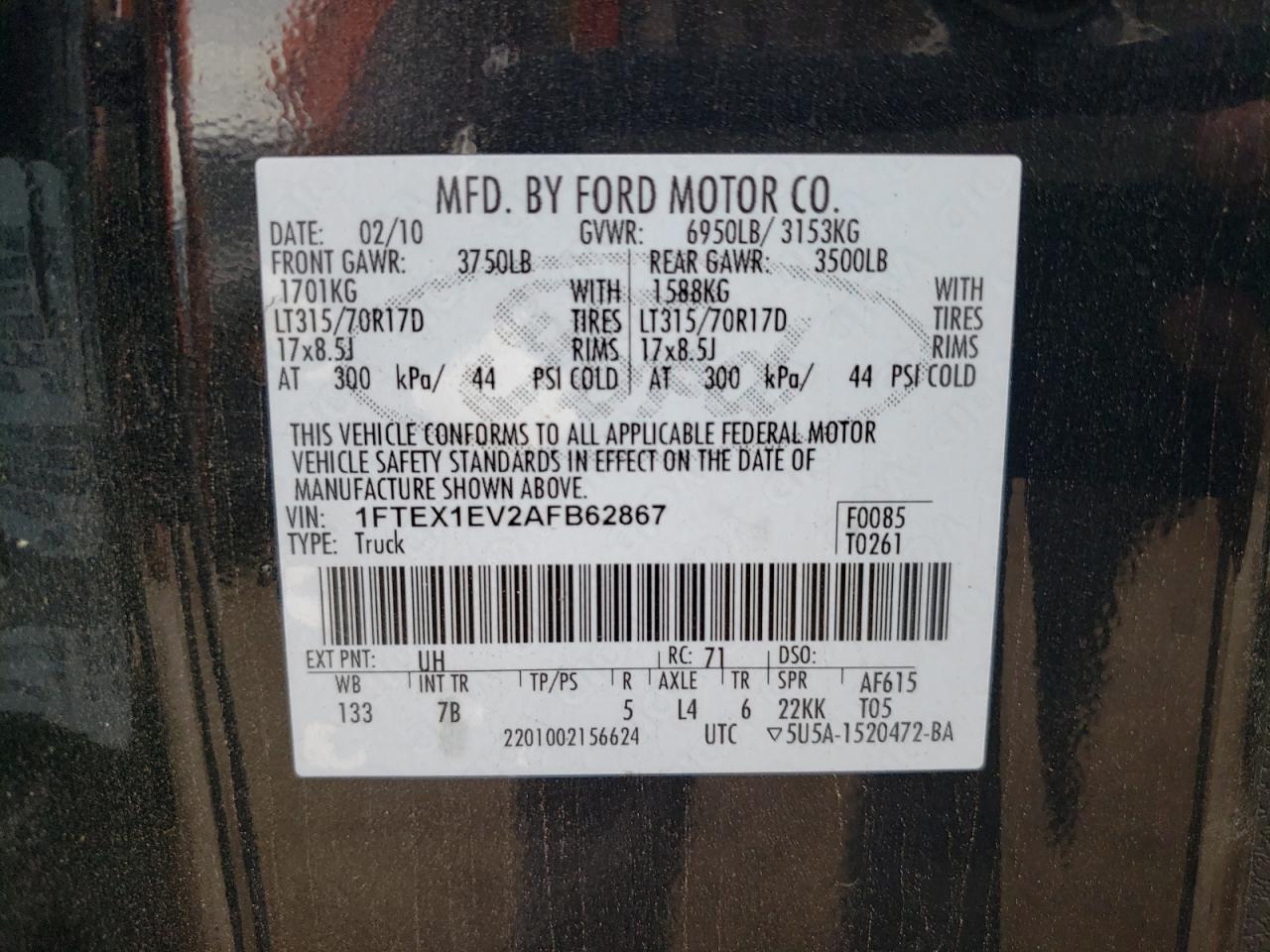 1FTEX1EV2AFB62867 2010 Ford F150 Super Cab