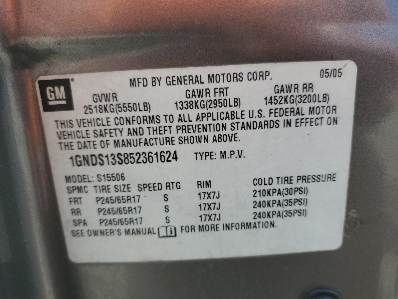 1GNDS13S852361624 2005 Chevrolet Trailblazer Ls