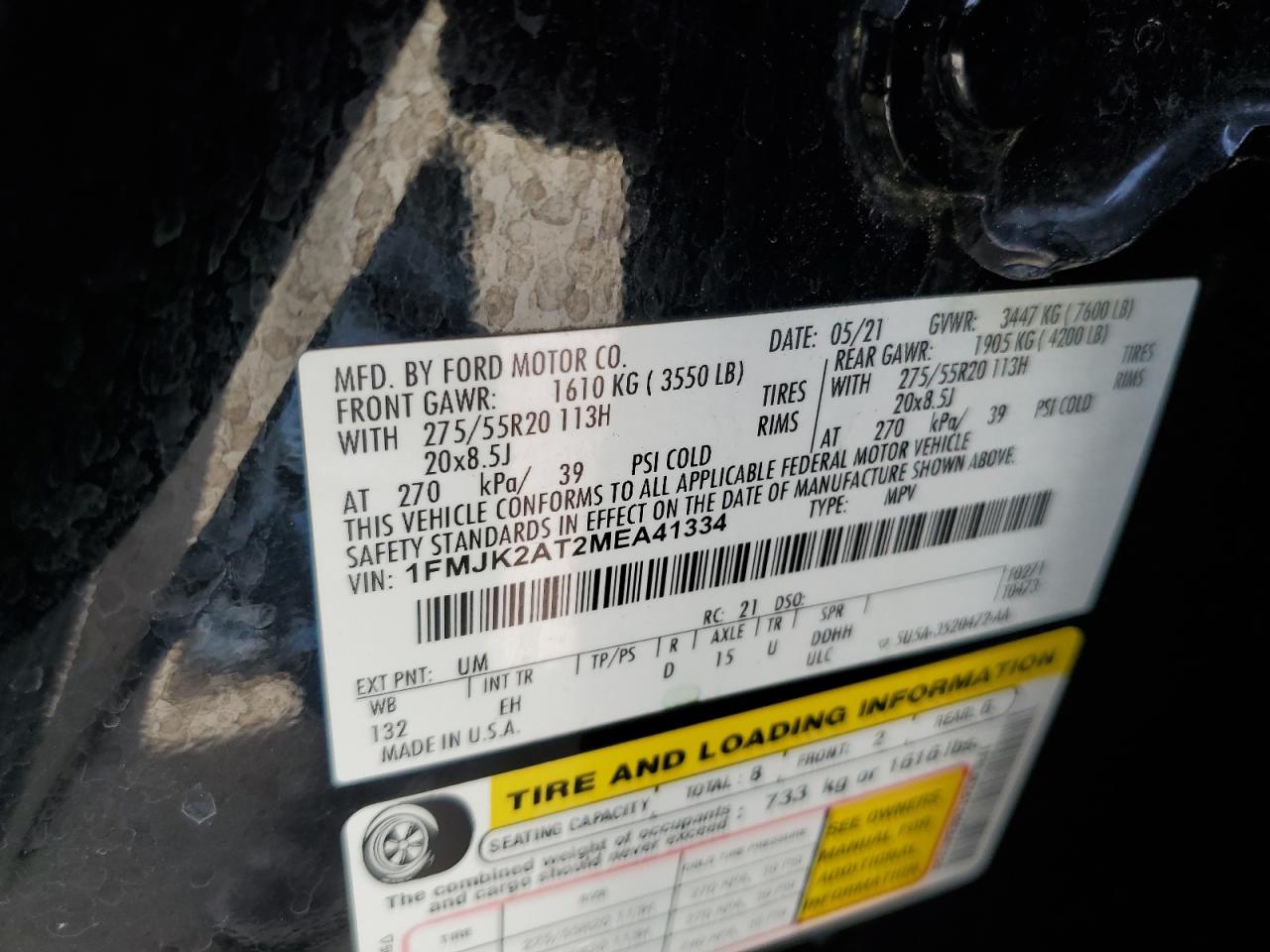 1FMJK2AT2MEA41334 2021 Ford Expedition Max Limited