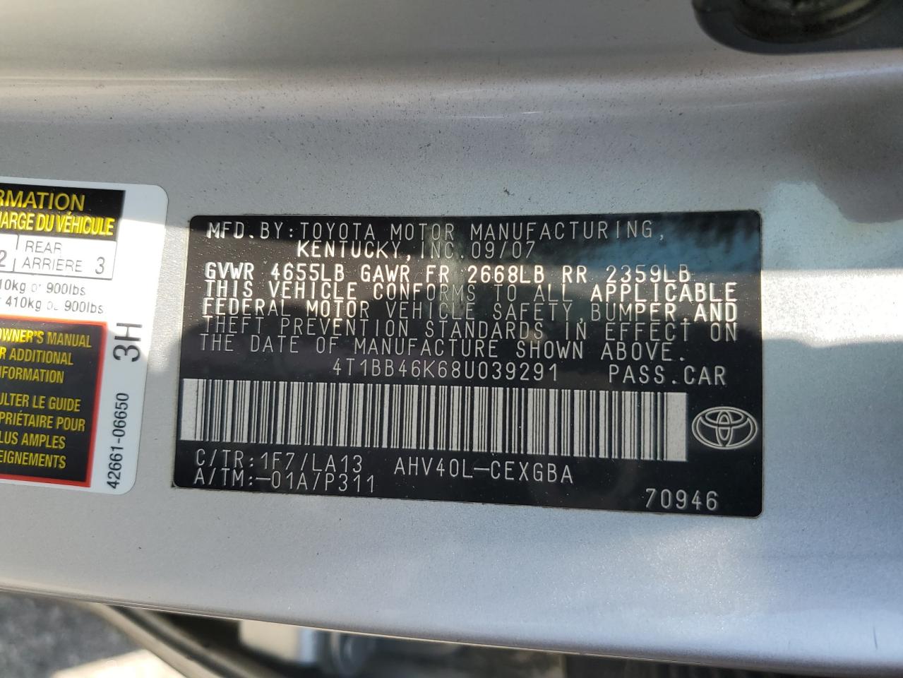 4T1BB46K68U039291 2008 Toyota Camry Hybrid