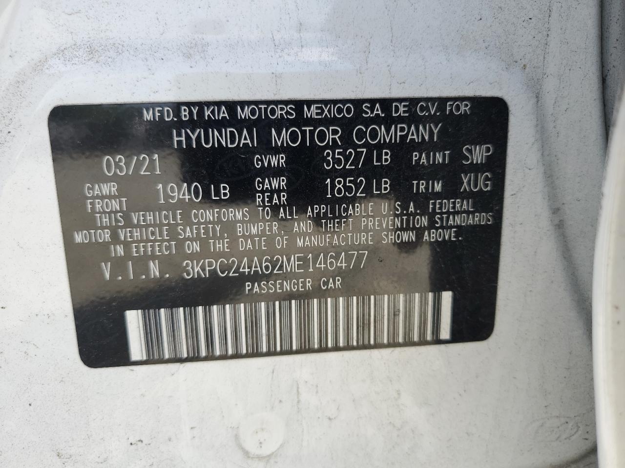 3KPC24A62ME146477 2021 Hyundai Accent Se