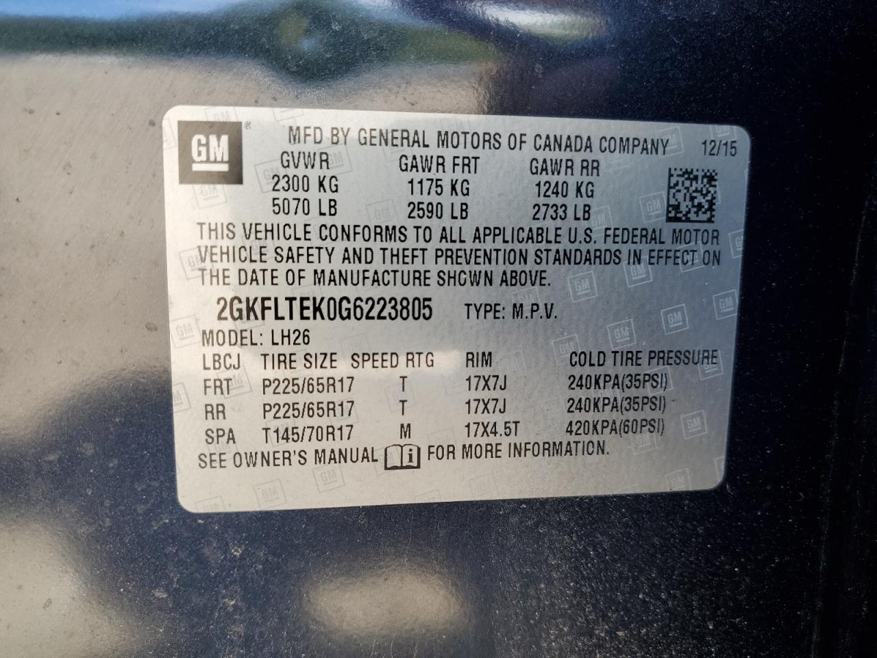 2GKFLTEK0G6223805 2016 GMC Terrain Sle