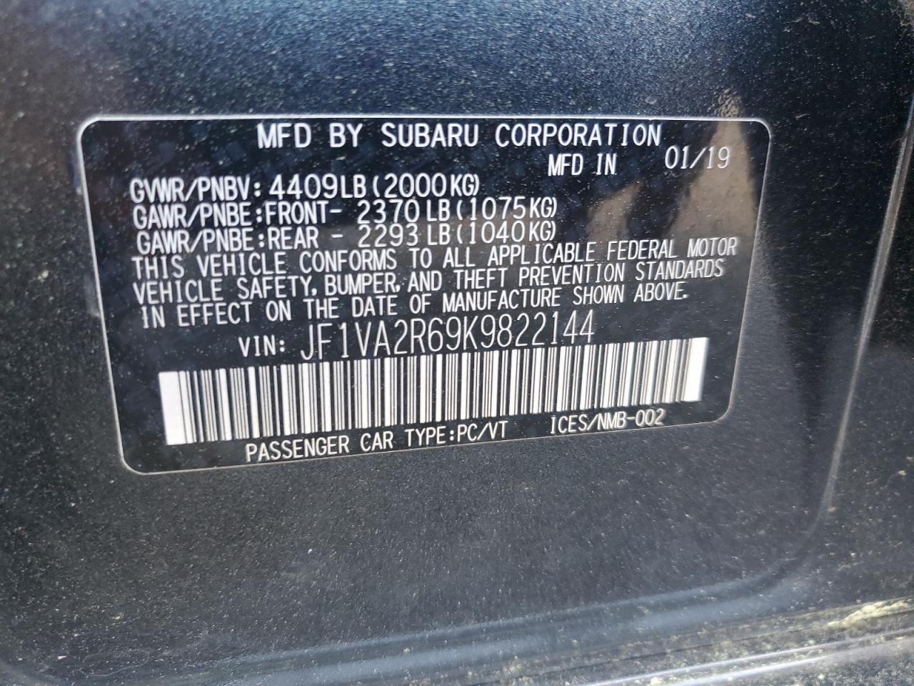 JF1VA2R69K9822144 2019 Subaru Wrx Sti