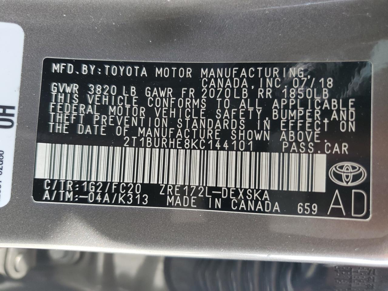 2019 Toyota Corolla L vin: 2T1BURHE8KC144101