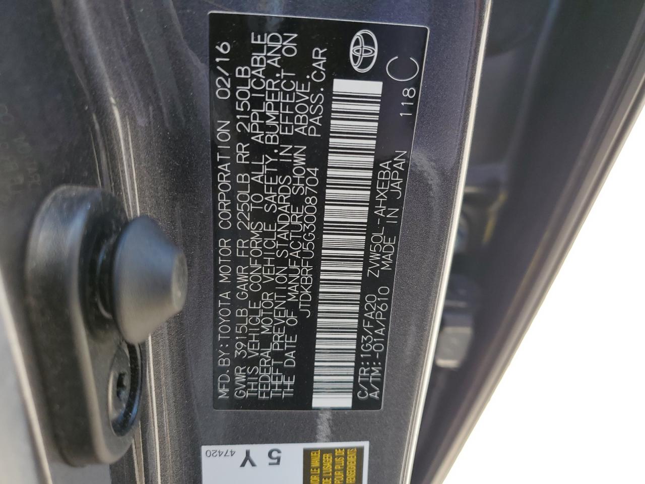 JTDKBRFU5G3008704 2016 Toyota Prius