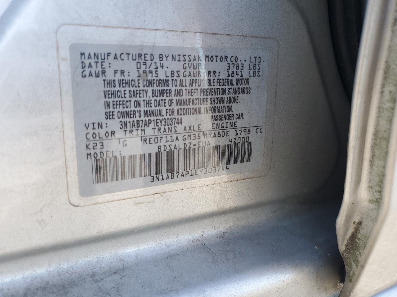 3N1AB7AP1EY303744 2014 Nissan Sentra S