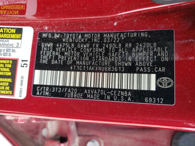 VIN 4T1C11AKXNU683613 2022 Toyota Camry, LE no.12