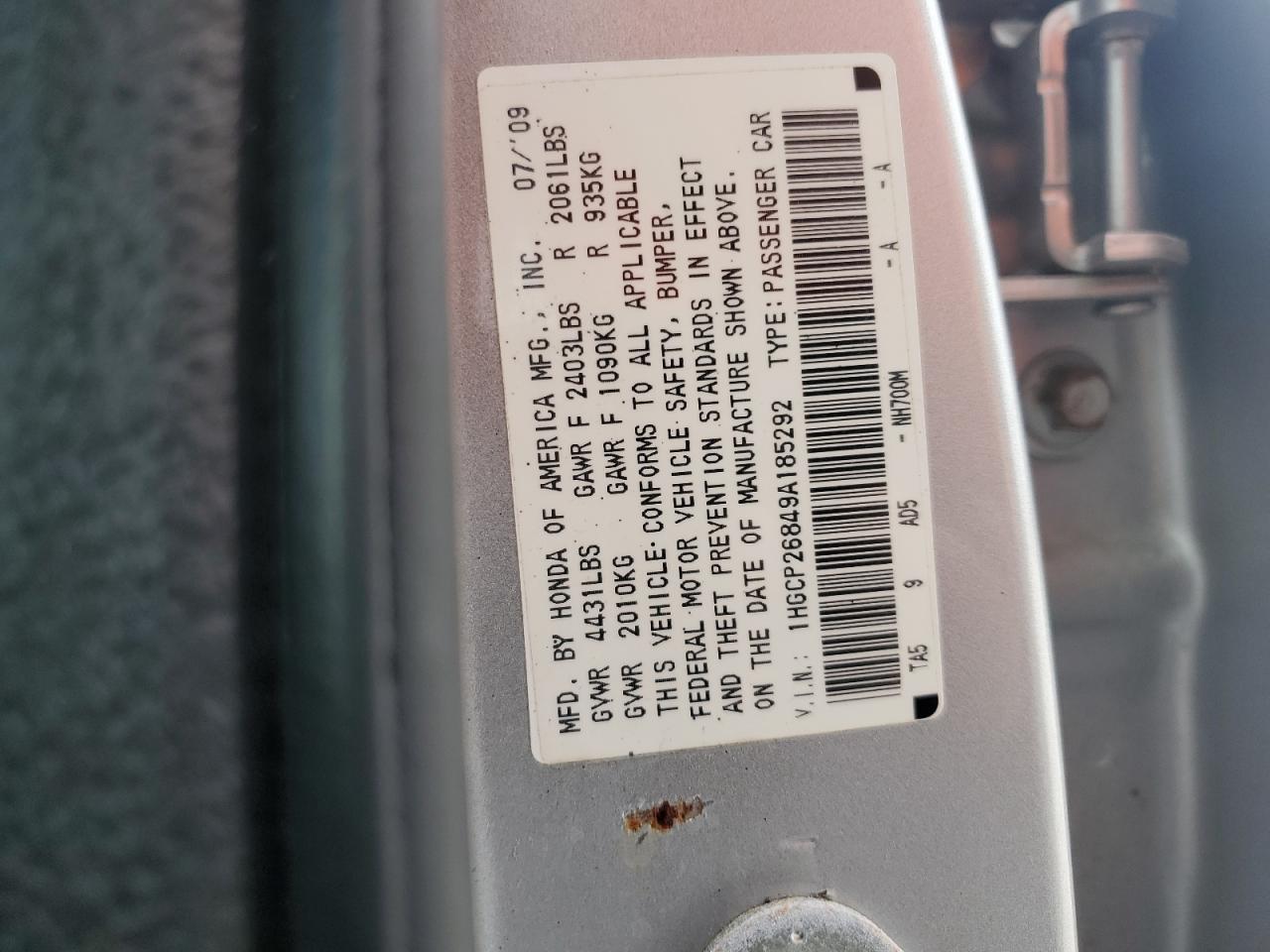 1HGCP26849A185292 2009 Honda Accord Exl