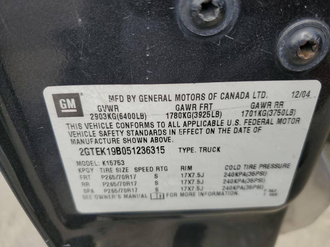 2GTEK19B051236315 2005 GMC New Sierra K1500