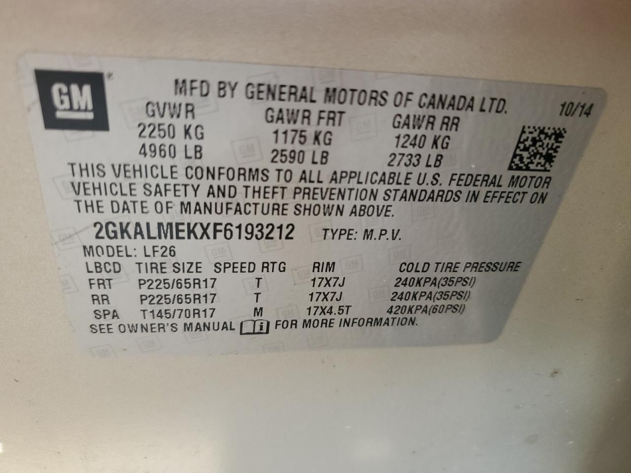 2GKALMEKXF6193212 2015 GMC Terrain Sle