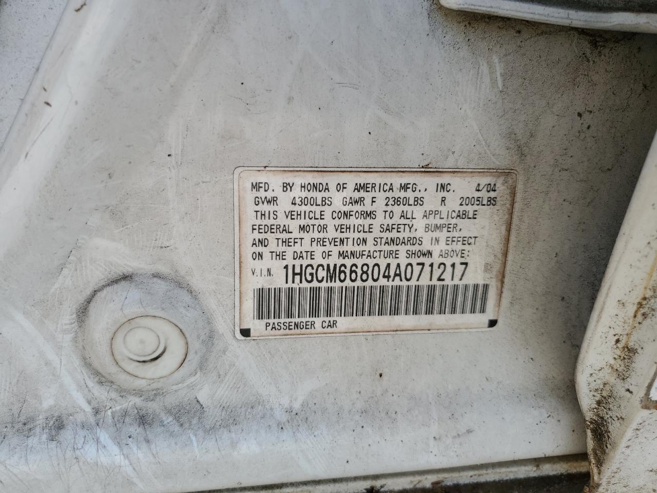 1HGCM66804A071217 2004 Honda Accord Ex