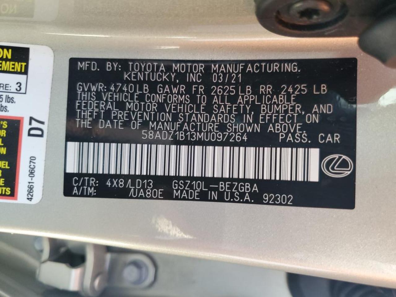 58ADZ1B13MU097264 2021 Lexus Es 350 Base