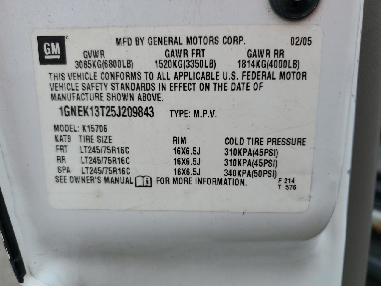 1GNEK13T25J209843 2005 Chevrolet Tahoe K1500