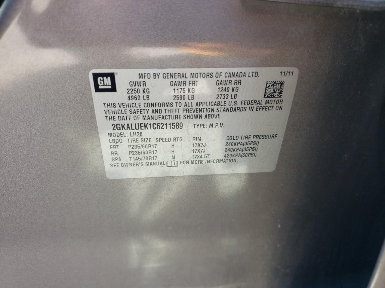 2GKALUEK1C6211589 2012 GMC Terrain Slt