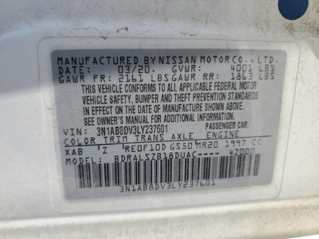3N1AB8DV3LY237601 2020 Nissan Sentra Sr