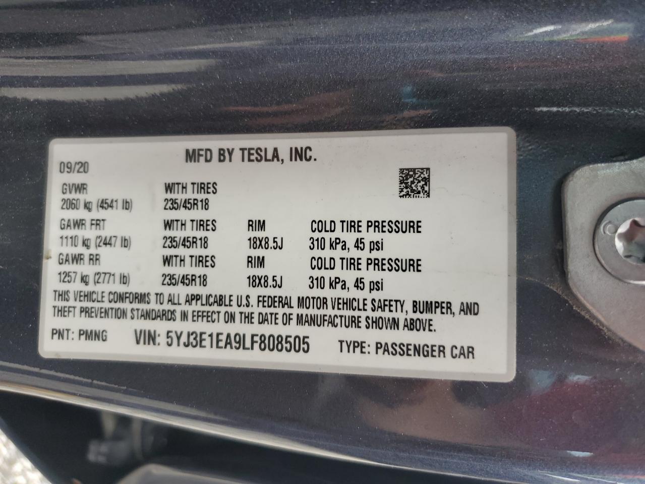 5YJ3E1EA9LF808505 2020 Tesla Model 3