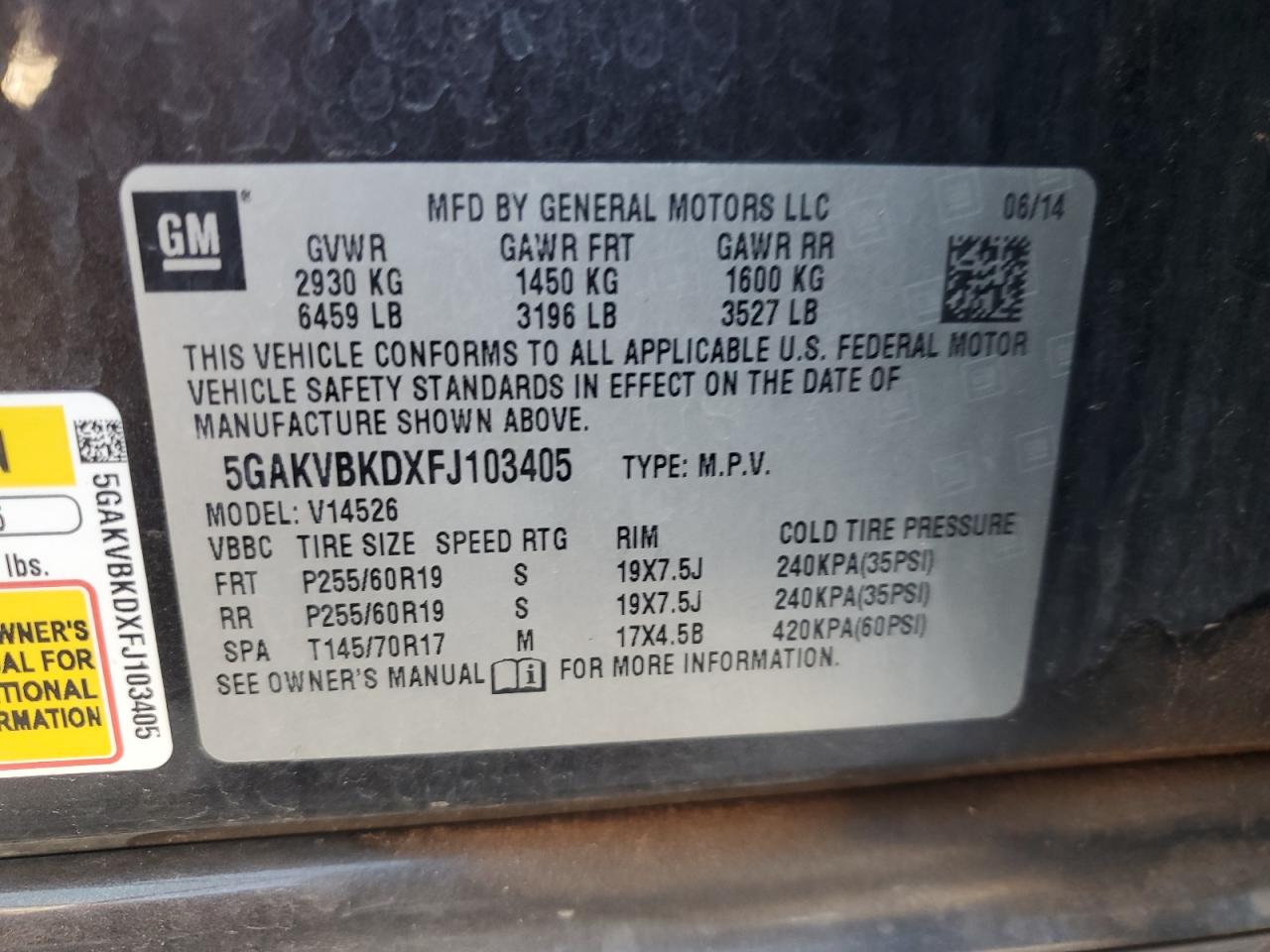 5GAKVBKDXFJ103405 2015 Buick Enclave