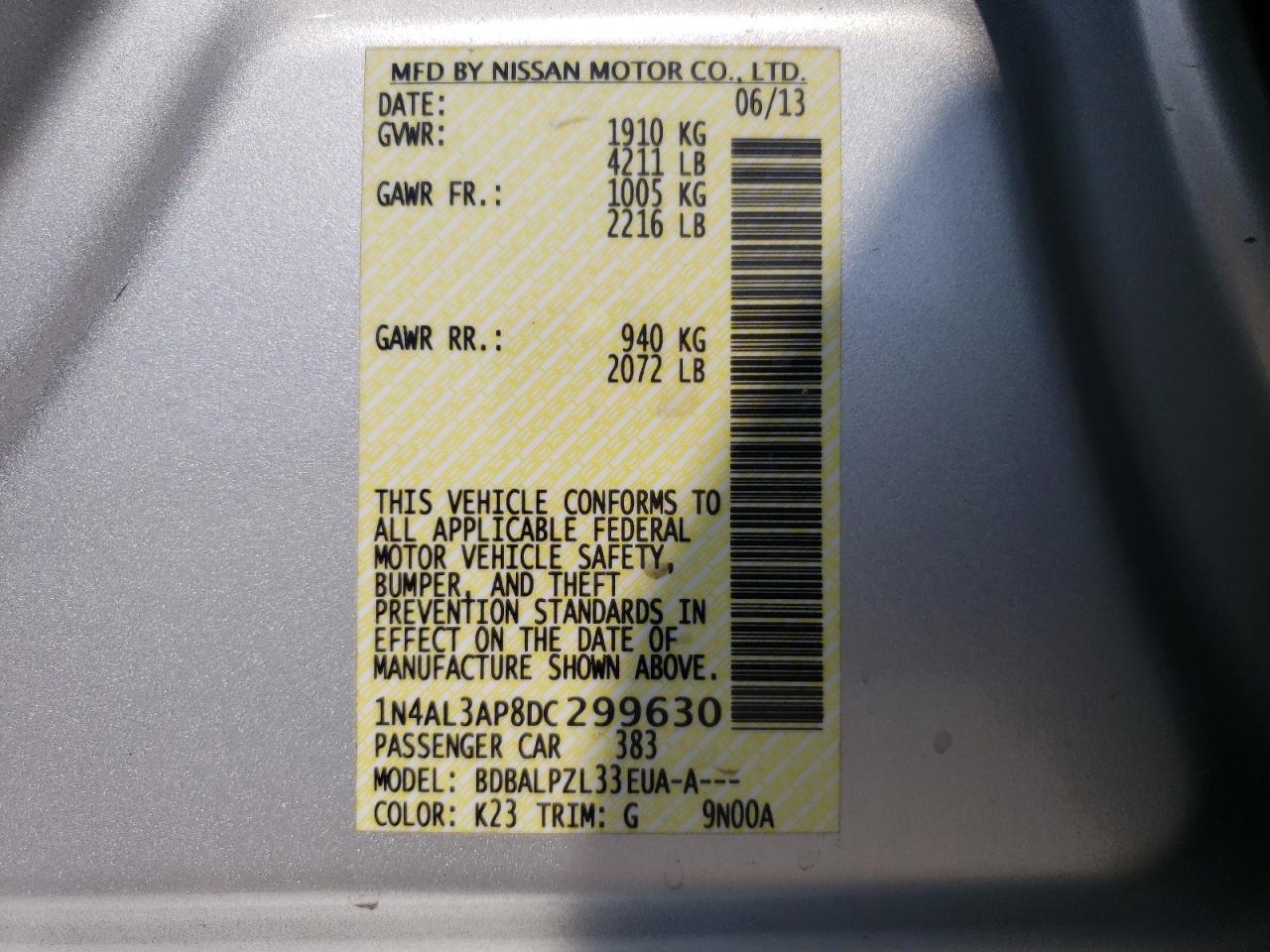 2013 Nissan Altima 2.5 vin: 1N4AL3AP8DC299630