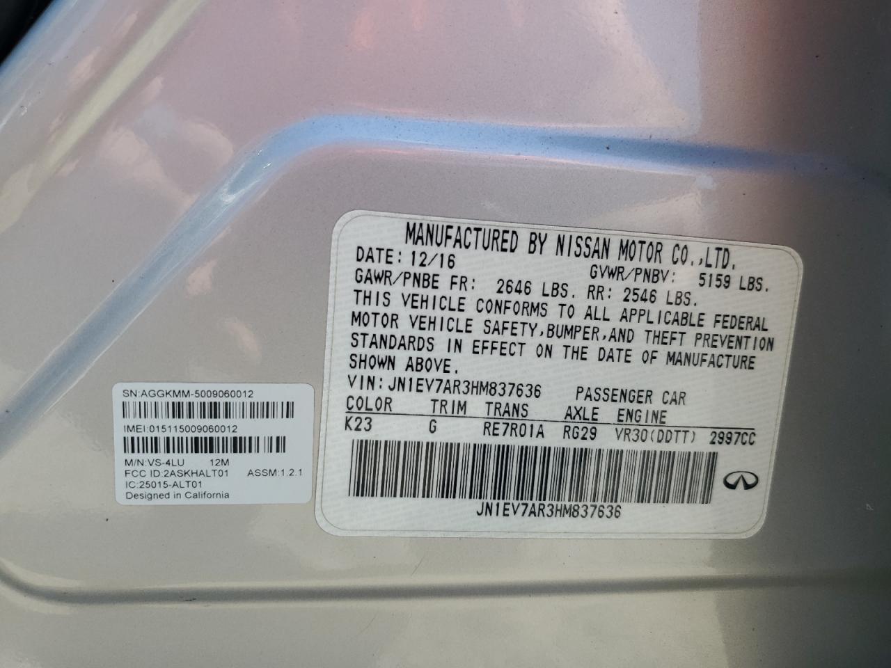 JN1EV7AR3HM837636 2017 Infiniti Q50 Premium