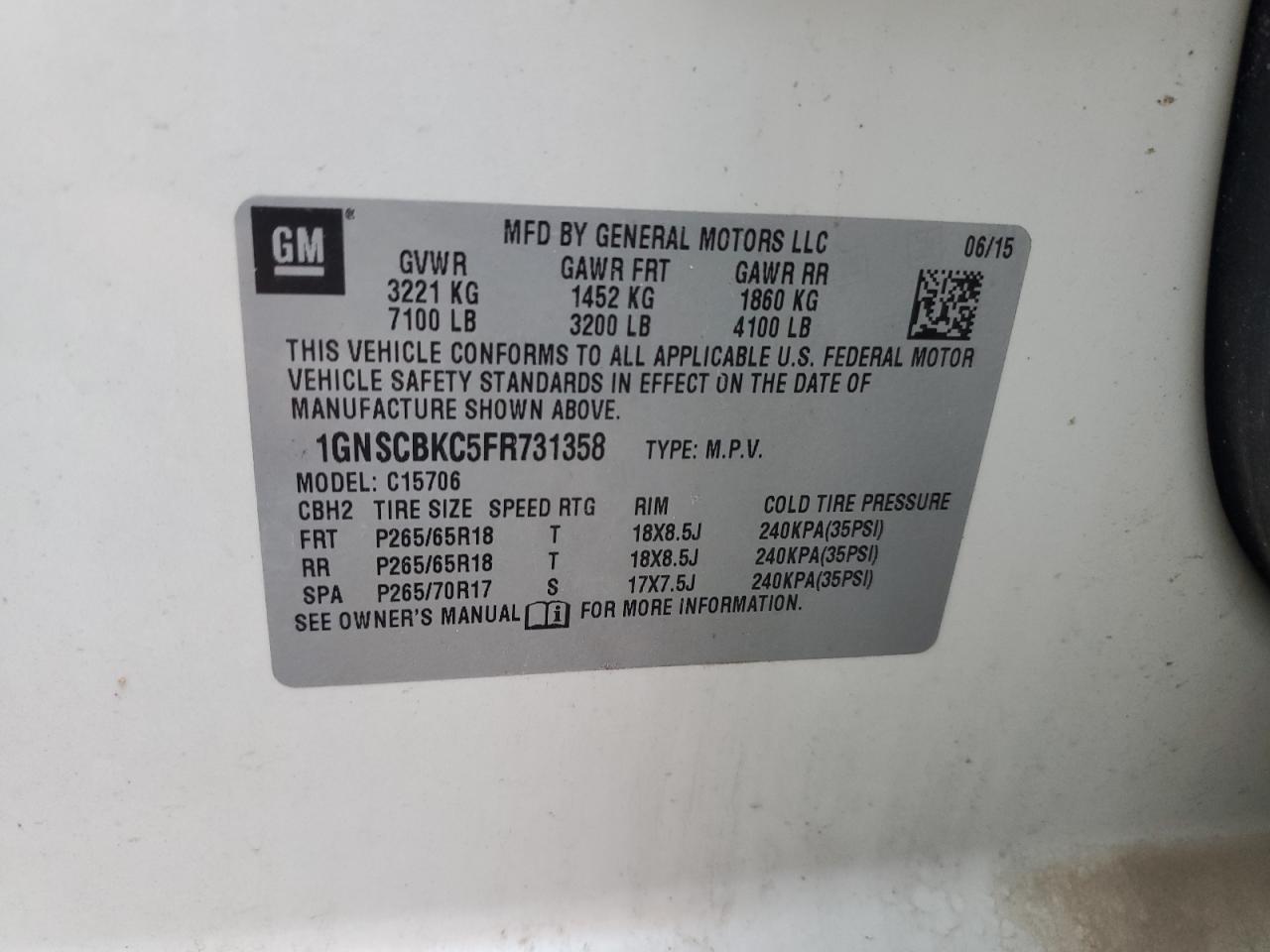 1GNSCBKC5FR731358 2015 Chevrolet Tahoe C1500 Lt