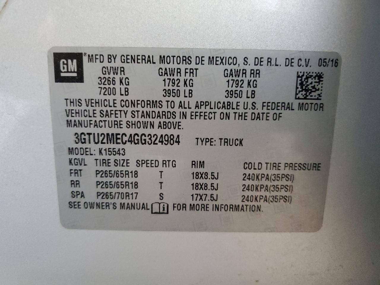 3GTU2MEC4GG324984 2016 GMC Sierra K1500 Sle