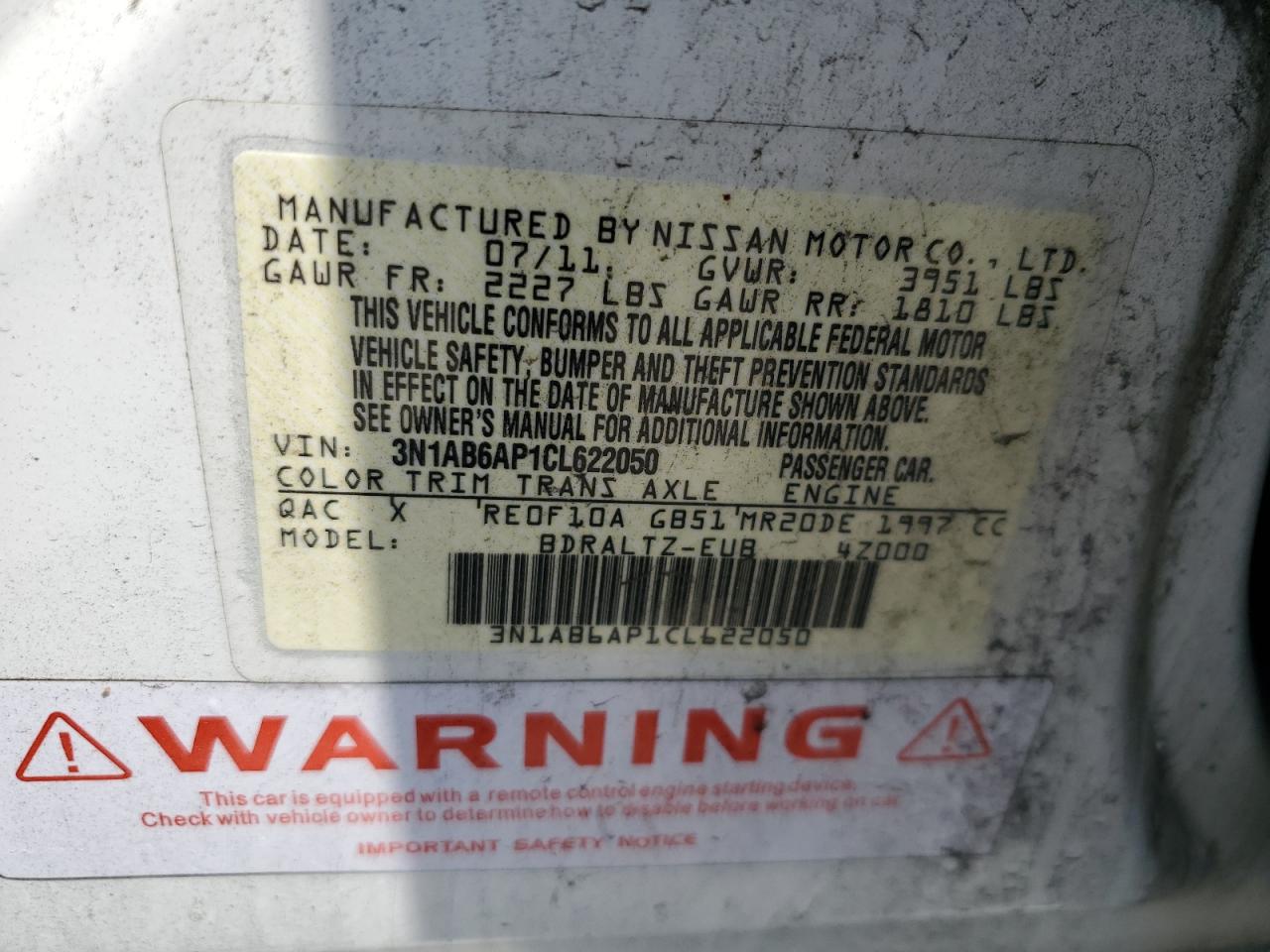 3N1AB6AP1CL622050 2012 Nissan Sentra 2.0