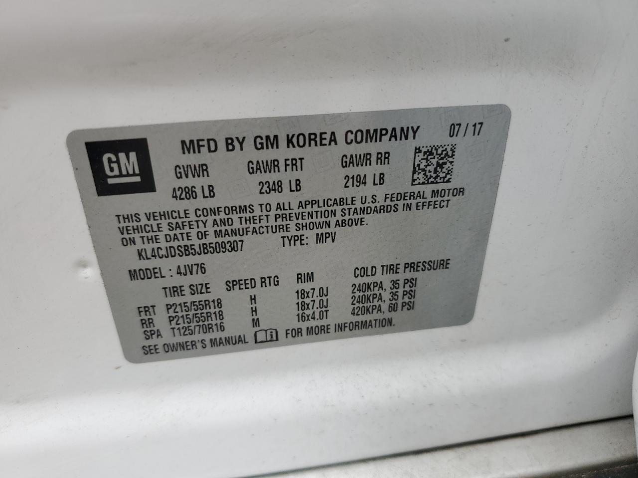 KL4CJDSB5JB509307 2018 Buick Encore Premium