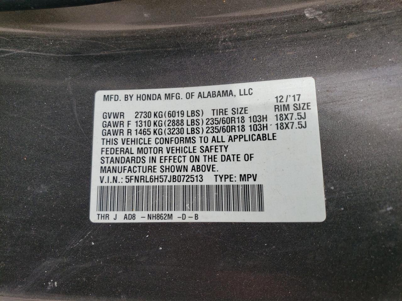 5FNRL6H57JB072513 2018 Honda Odyssey Ex