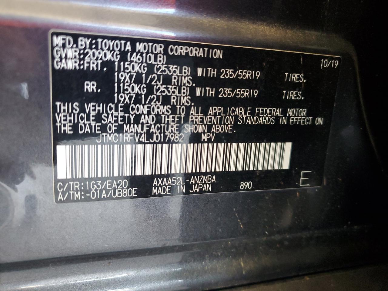 JTMC1RFV4LJ017982 2020 Toyota Rav4 Xle Premium