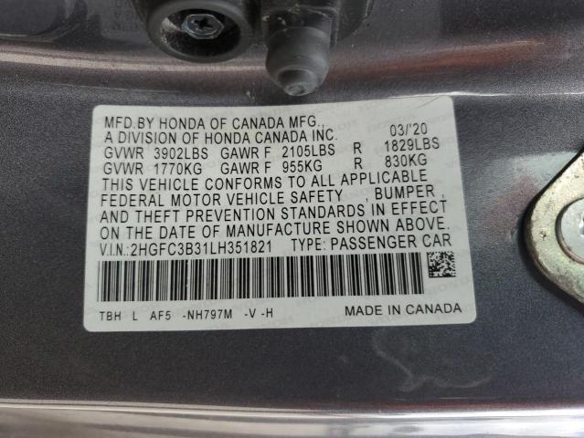 2020 Honda Civic Ex VIN: 2HGFC3B31LH351821 Lot: 57550584