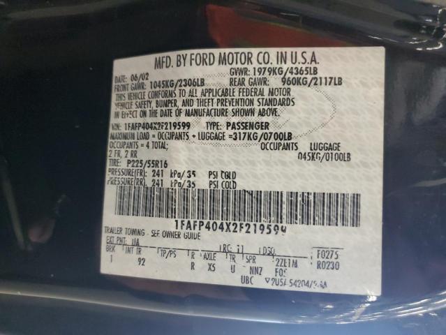 2002 Ford Mustang VIN: 1FAFP404X2F219599 Lot: 60039154