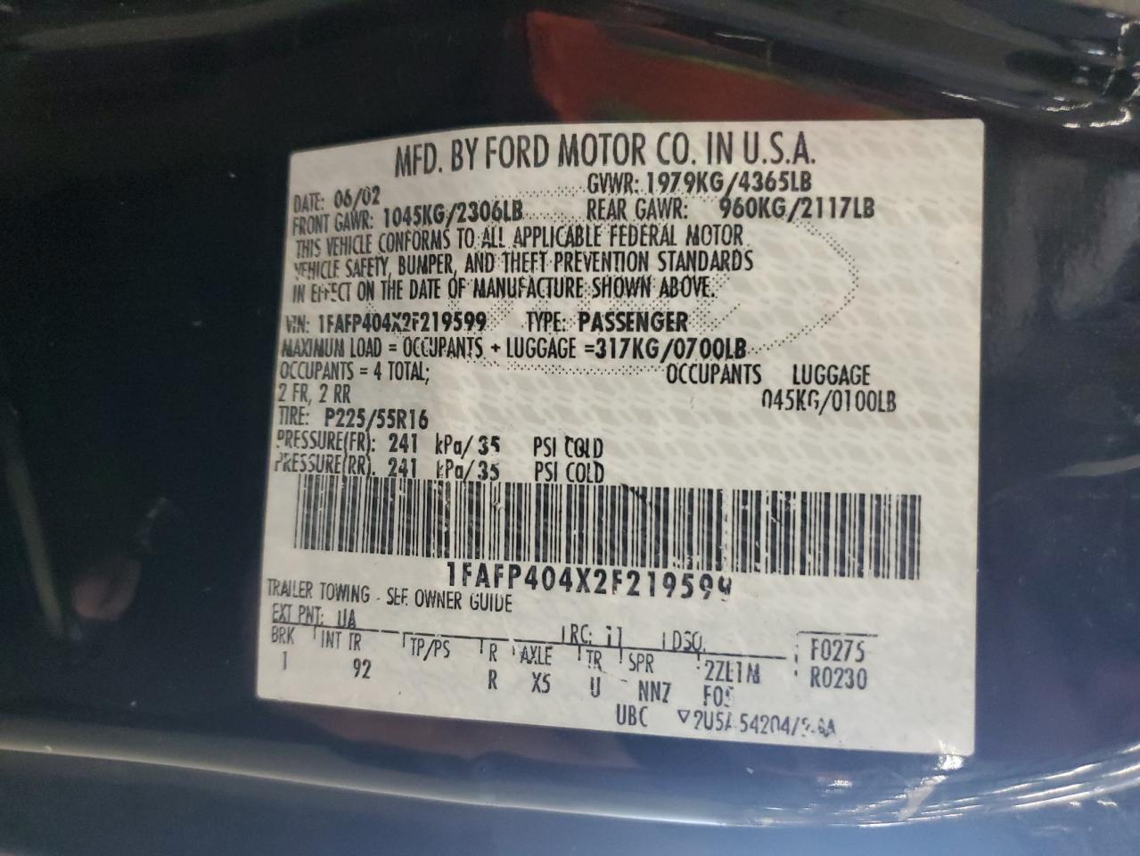 1FAFP404X2F219599 2002 Ford Mustang