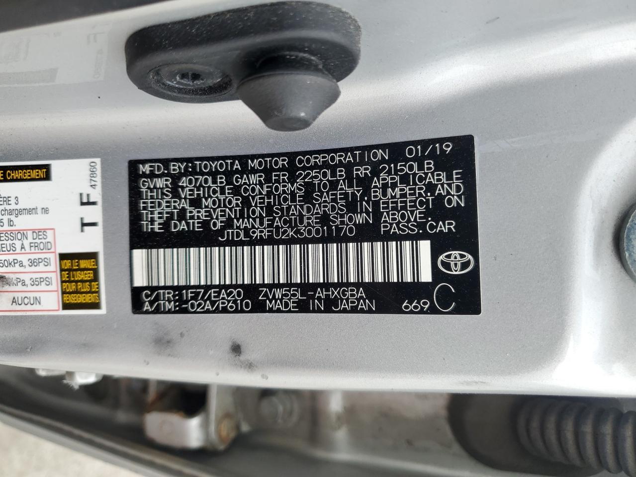 JTDL9RFU2K3001170 2019 Toyota Prius