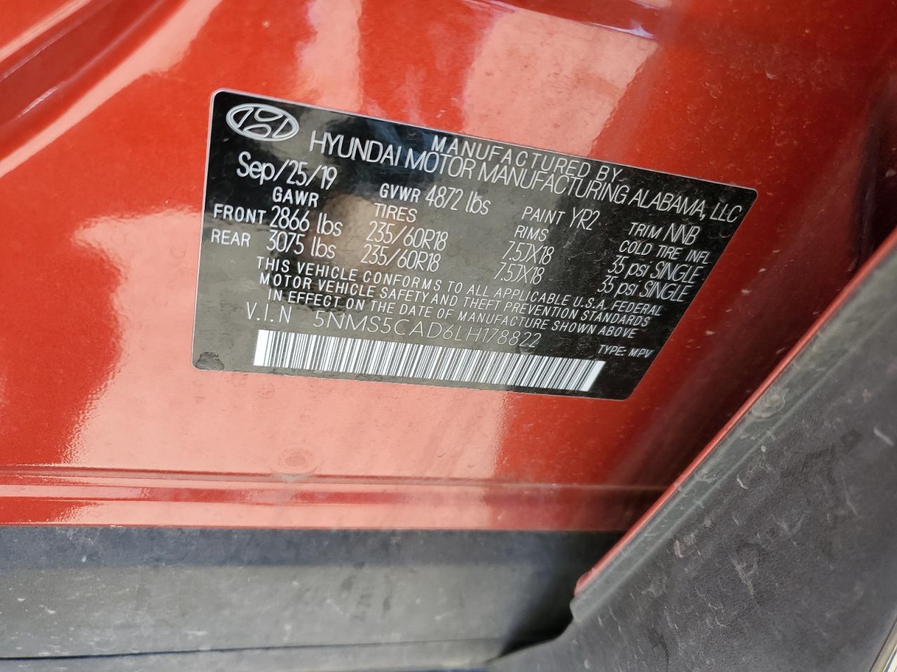 5NMS5CAD6LH178822 2020 Hyundai Santa Fe Limited