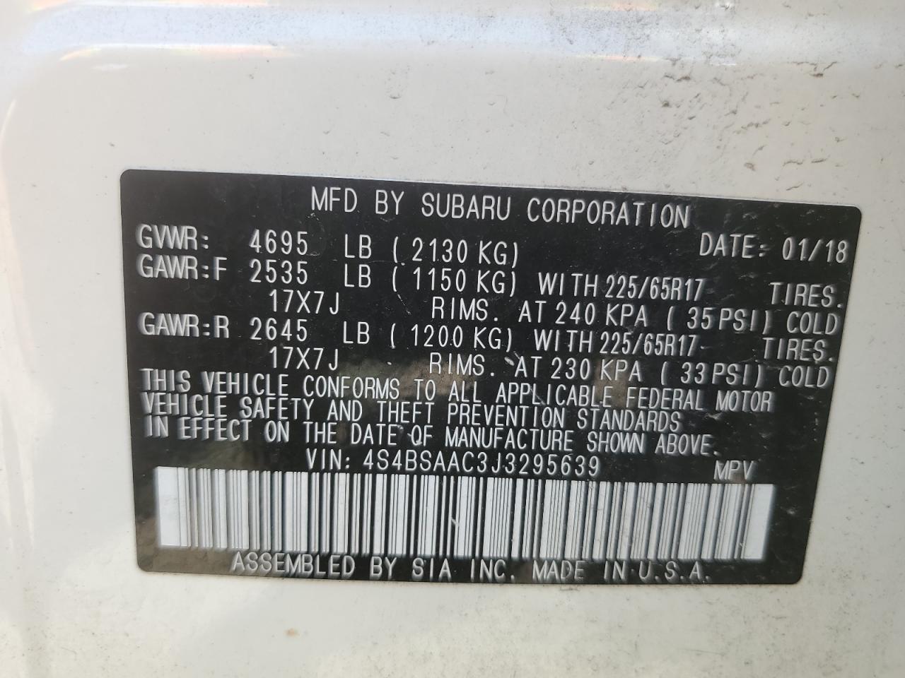 4S4BSAAC3J3295639 2018 Subaru Outback 2.5I