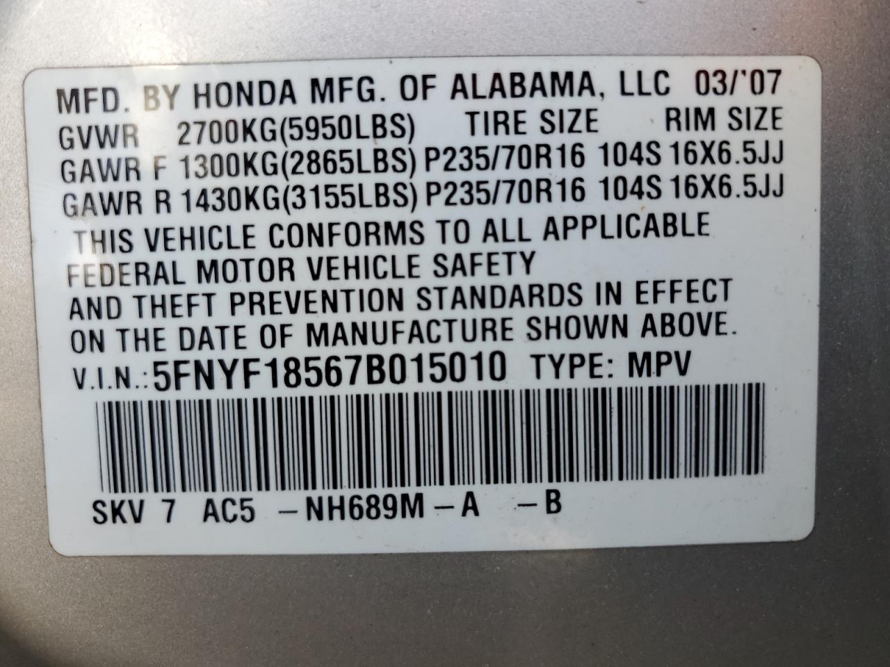 5FNYF18567B015010 2007 Honda Pilot Exl