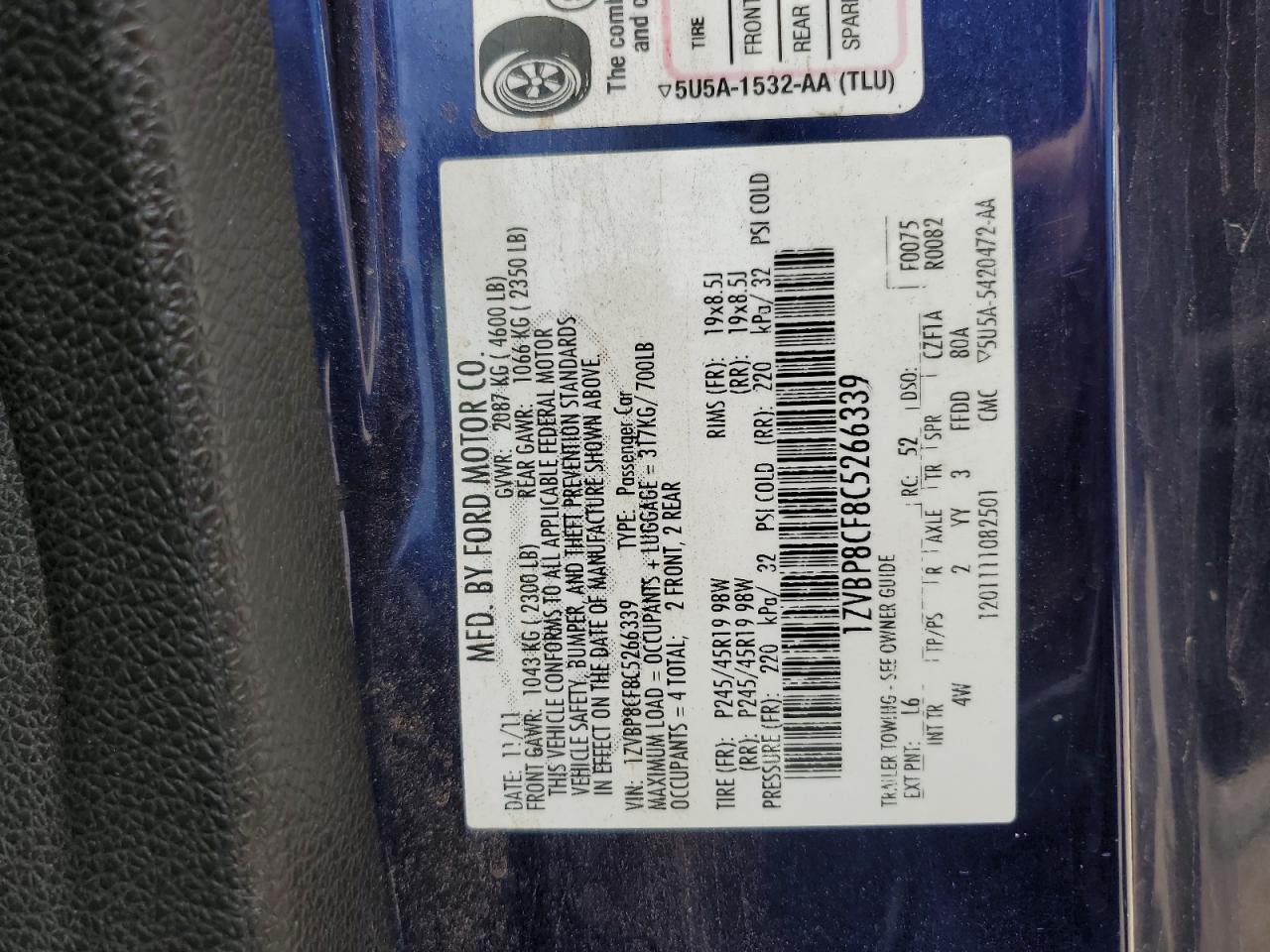 1ZVBP8CF8C5266339 2012 Ford Mustang Gt