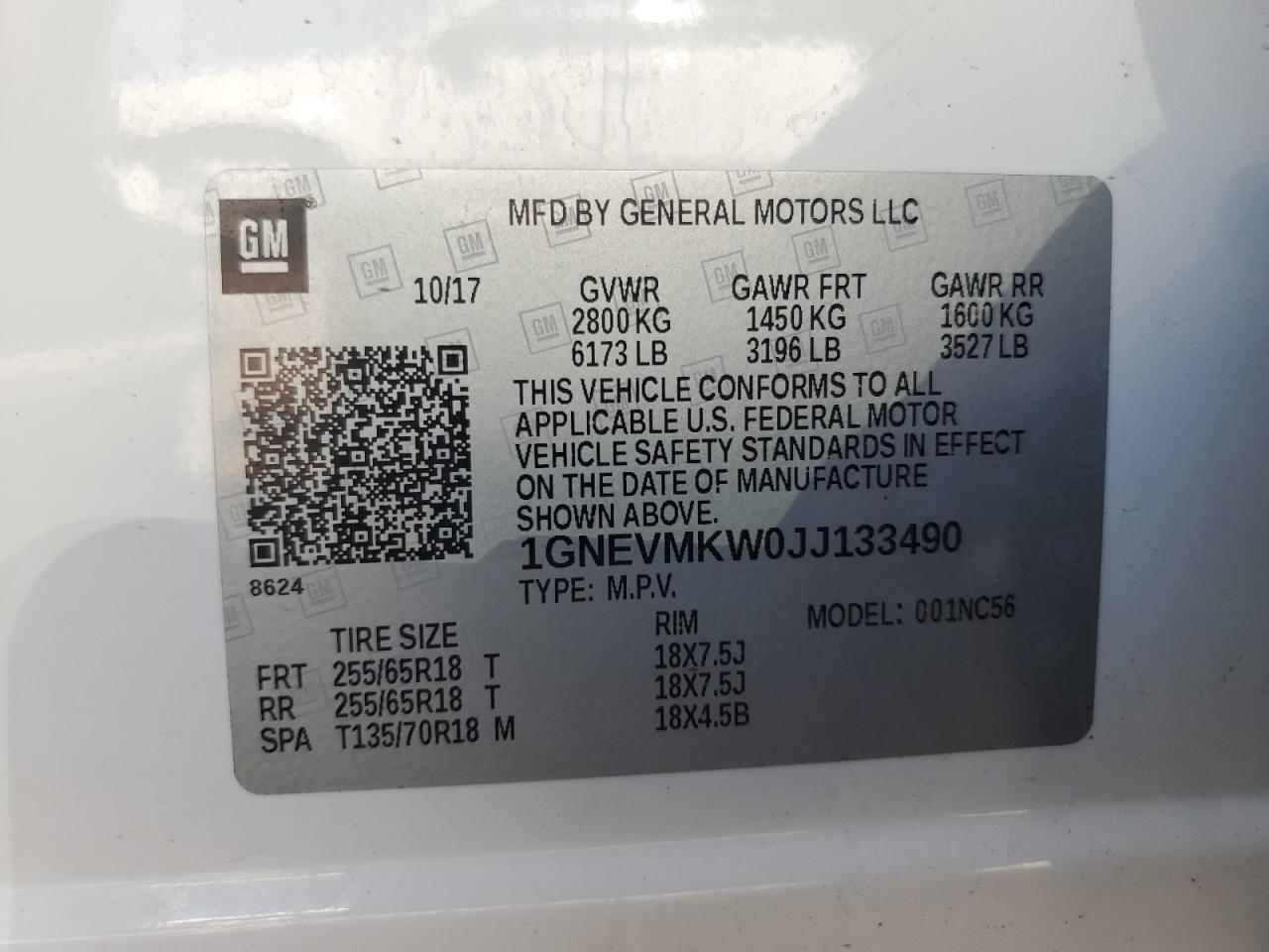 1GNEVMKW0JJ133490 2018 Chevrolet Traverse Lt