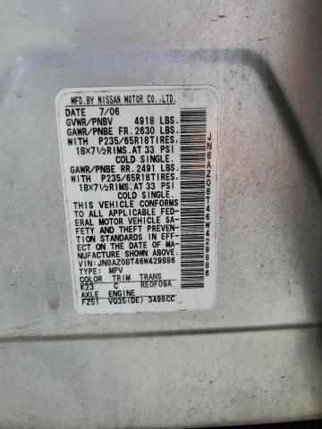 2006 Nissan Murano Sl VIN: JN8AZ08T46W429886 Lot: 59091984