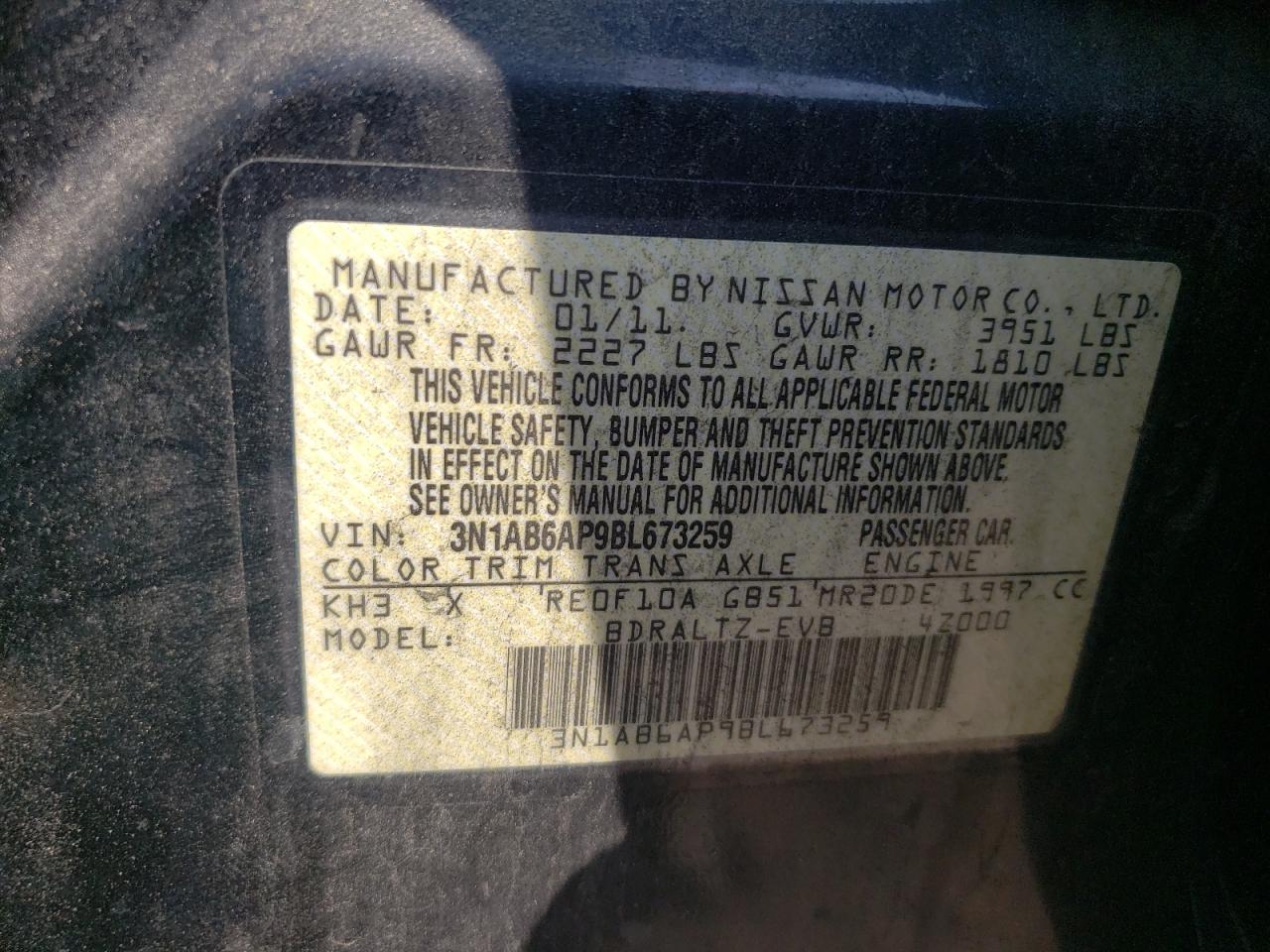 3N1AB6AP9BL673259 2011 Nissan Sentra 2.0