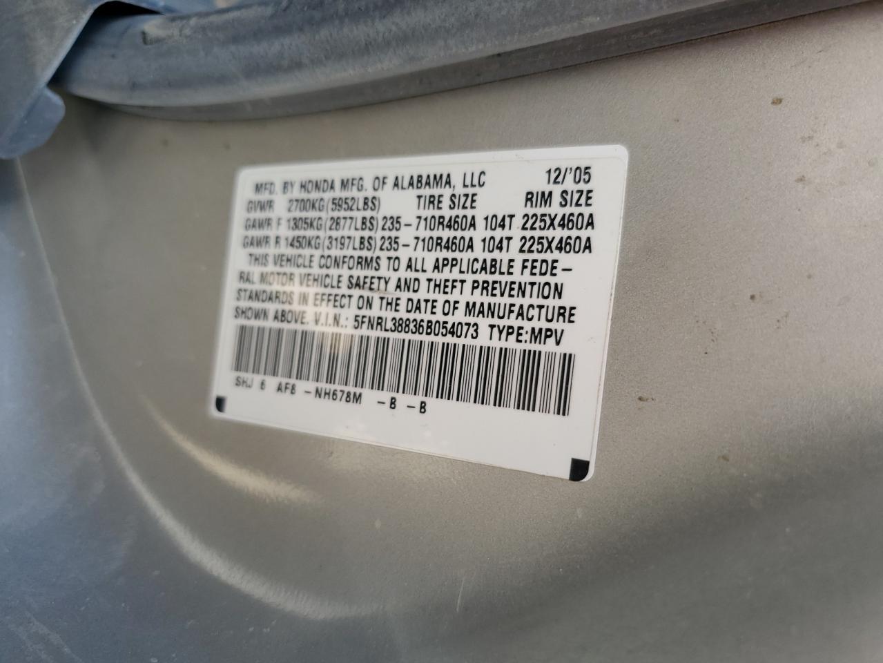 5FNRL38836B054073 2006 Honda Odyssey Touring